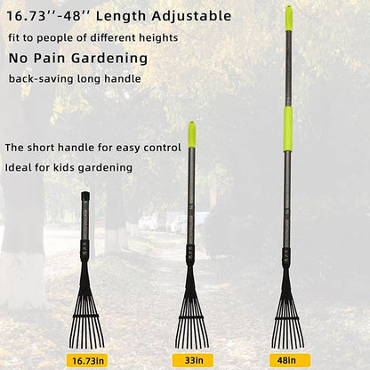 Garden Rake for Leaves, 48" Metal Leaf Rake with Foam Soft Foam Grip, 9 Tines Small Narrow Rakes with Adjustable Long Handle, Rakes for Lawns Gardening Yard Flower Bed Grass Mulch Shrub Camping