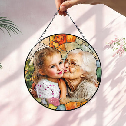 NAZENTI Personalized Grandma Stained Glass Suncatcher, Photo Family Portrait Window Hanging Ornament, Dog Suncatcher Custom Photo Mothers Day Grandma Mom Gifts from Son Daughter, Gifts for Nana Mimi