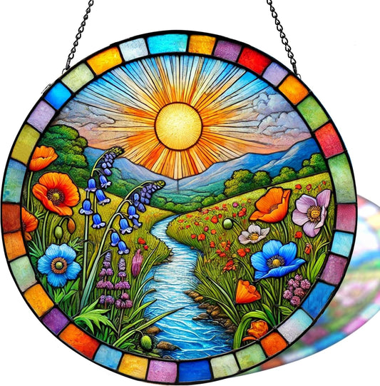 Stained Glass Window Hanging, Scenery Sun Catchers Stained Glass Panels for Indoor Windows Wall Art