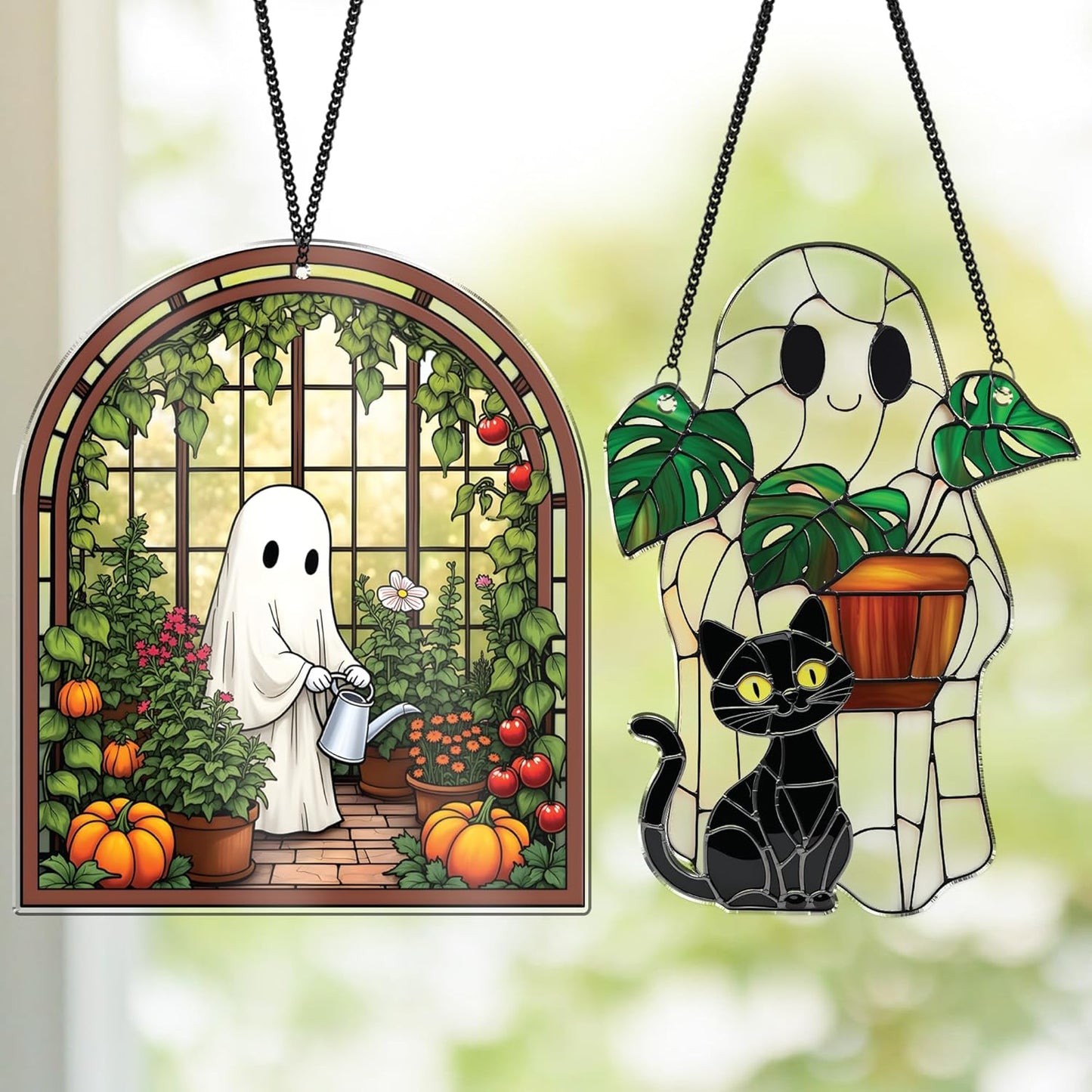 2 Cute Halloween Suncatcher Decorations, Spooky Cute Ghost Plant Window Hangings, Ghost with Black Cat Greenhouse, Pumpkin Ornaments Home Garden, Gifts for Plant Lovers, Women