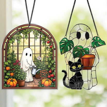 2 Cute Halloween Suncatcher Decorations, Spooky Cute Ghost Plant Window Hangings, Ghost with Black Cat Greenhouse, Pumpkin Ornaments Home Garden, Gifts for Plant Lovers, Women