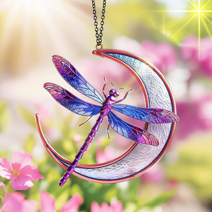Dragonfly Suncatcher, Purple Dragonfly Moon Window Hanging, Acrylic Sun Catcher, Ornament Wall Art Decor for Home Garden Housewarming, Birthday Gift for Nature Lovers, Mom, Grandma, Women