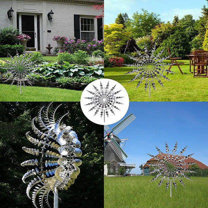 2Pcs Unique Fantasy Metal Windmill, 3D Wind Powered Kinetic Sculpture, Dual-Tiered Opposite-Directional Rotation, Stainless Steel Wind Spinners, Silver
