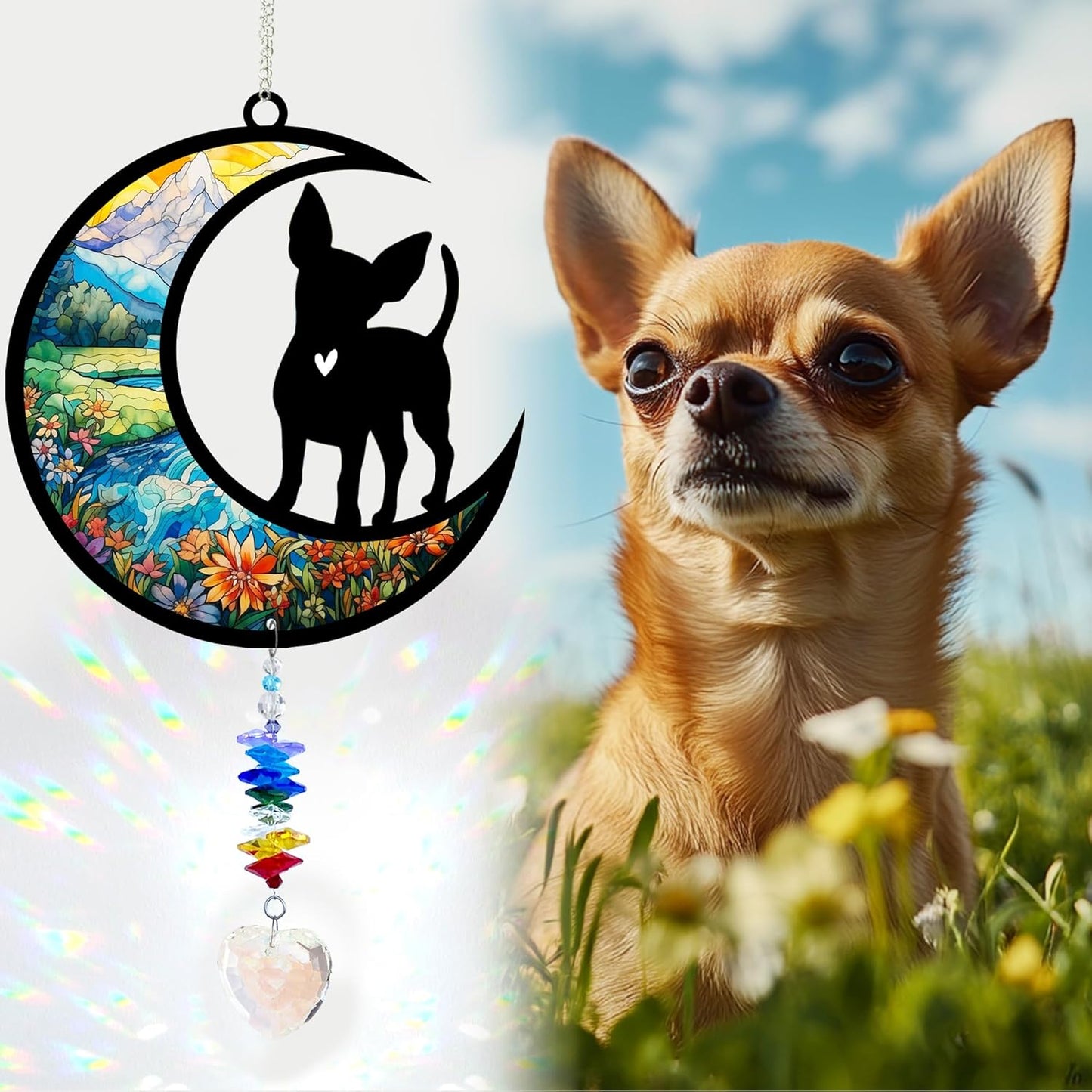 Chihuahua Suncatcher, Personalized Pet Loss Gift with Name & Date, Heart-Shaped Crystal Sun Catcher, Dog Remembrance Sympathy Rainbow Maker for Window & Garden