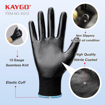 KAYGO Work Gloves Nitrile Coated, 12 Pairs KG12N，Seamless Knit, Protective Safety Work Gloves with Good Grip for General Work,Black,L