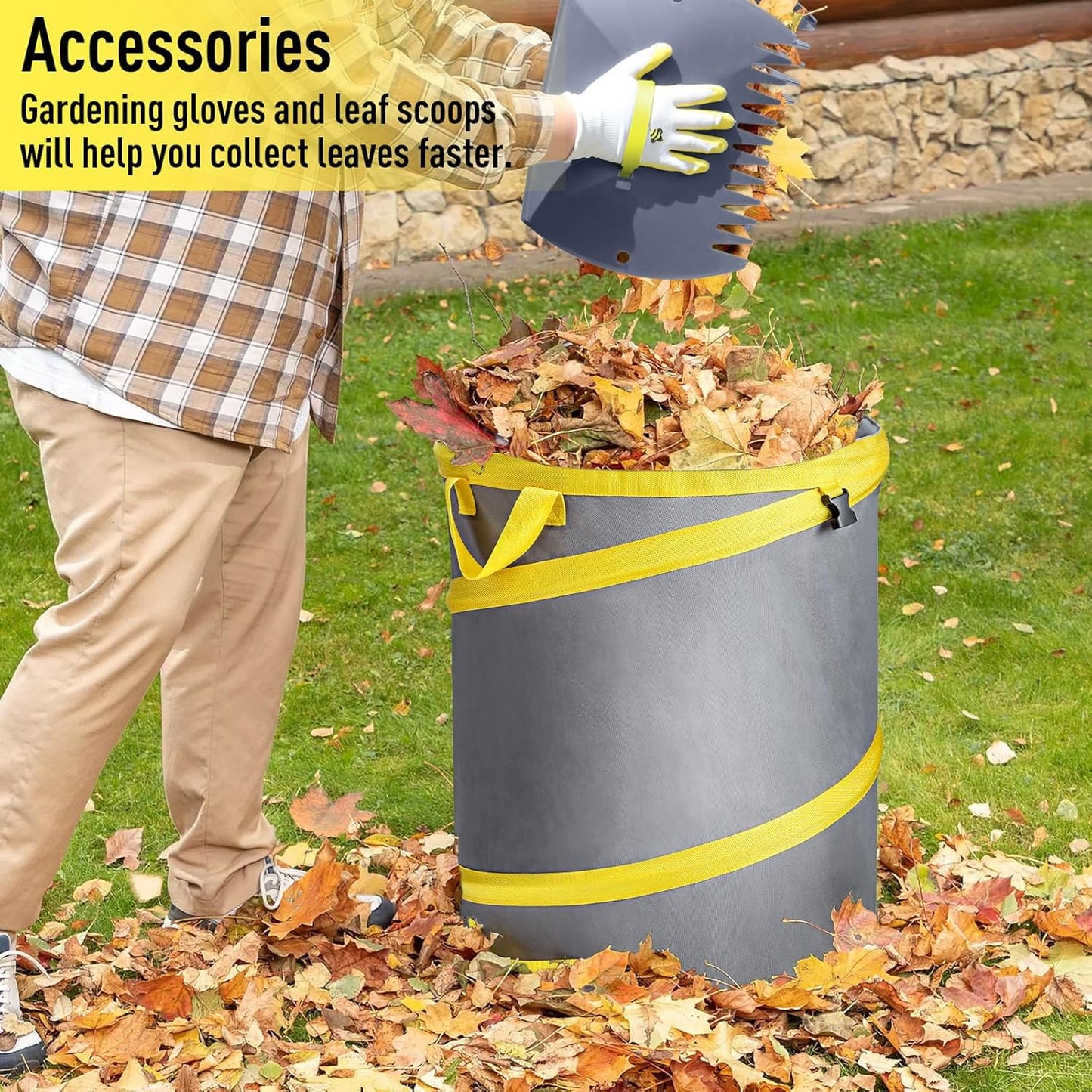 JARDINEER 30-Gallon Collapsible Trash Can for Camping Garbage, Pop Up Garden Bag Resuable, Lawn Set include Yard Waste Container, Leaf Scoops and Gloves