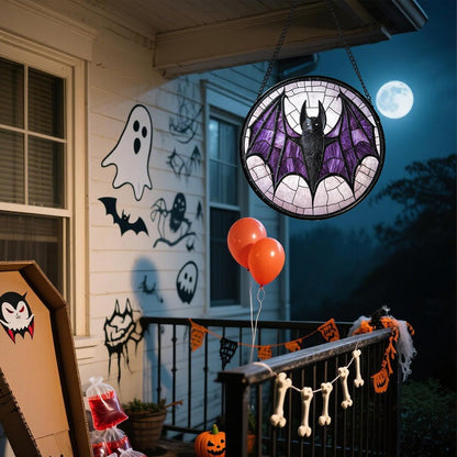Stained Glass Window Hanging - Halloween Black Bat Purple Wings Monster Suncatcher for Doors Garden Home Spooky Sun Catchers Gothic Decor Horror Gift for Women Men Friend Boy Girl 11.8 in