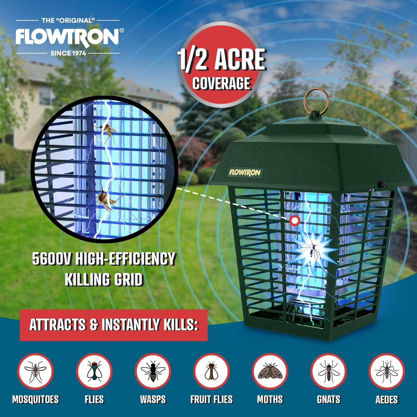 Flowtron Electric Bug Zapper 1/2 Acre Outdoor Insect Control with Dual Lure Method, 15W UV Light & Octenol Attractant for Fly & Mosquito, 5600V Kill Grid, Made in USA, UL Certified - Green Color