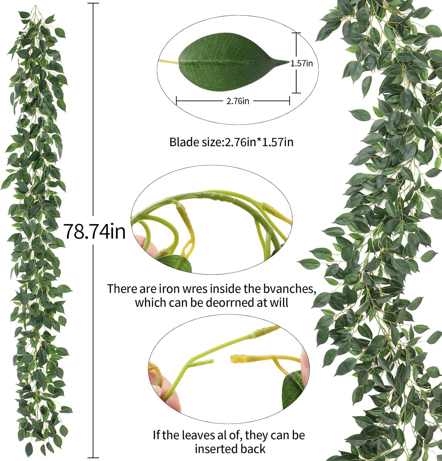2 Strands Artificial Ficus Vines 79'' Fake Ivy Garland Greenery with Silk Green Leaves Faux Hanging Plants for Bedroom Home Wall Wedding Arch Party Room Decor