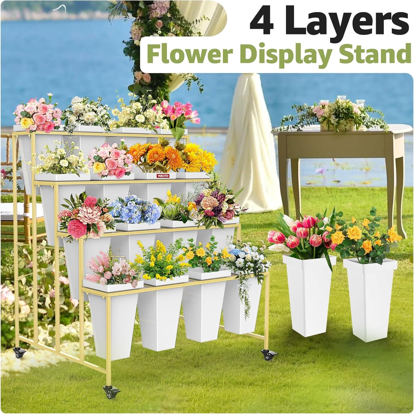 4 Layers Flower Display Stand with Buckets, 16 PCS Buckets Plant Stand with Wheels, Movable Metal Plant Stand for Terrace Garden, Living Room, Florist Shop