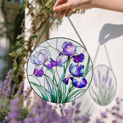 Stained Glass Window Hanging, 8 Inch Purple Irises Stained Glass Suncatcher, Flower Sun Catchers Indoor Window, Iris Flowers Gift, Flower Lovers Gifts, Housewarming Gift, Gifts for Her or Women