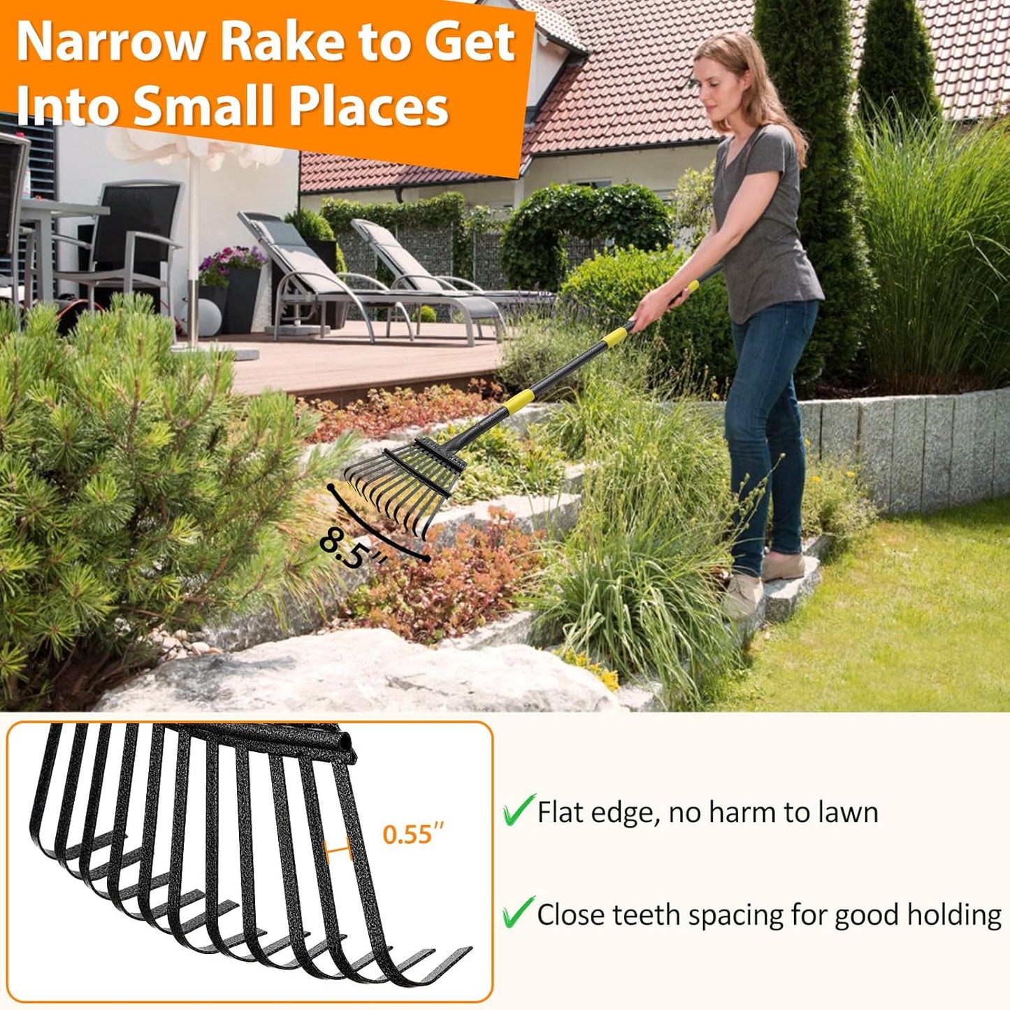 Garden Rake for Leaves, 65 inch Long Rake, 11 Tines Small Narrow Rake, Heavy Duty Metal Leaf Rakes with Adjustable Steel Handle for Lawns Yard Flower Bed Grass Mulch Shrub Camping Gardening