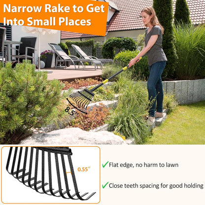 Garden Rake for Leaves, 65 inch Long Rake, 11 Tines Small Narrow Rake, Heavy Duty Metal Leaf Rakes with Adjustable Steel Handle for Lawns Yard Flower Bed Grass Mulch Shrub Camping Gardening