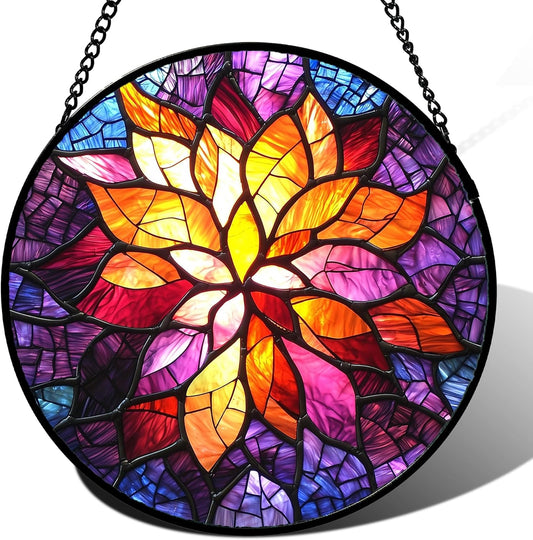 Stained Glass Window Hanging, Fuchsia Abstract Flowers Suncatcher for Window Home Decor Orange Sun