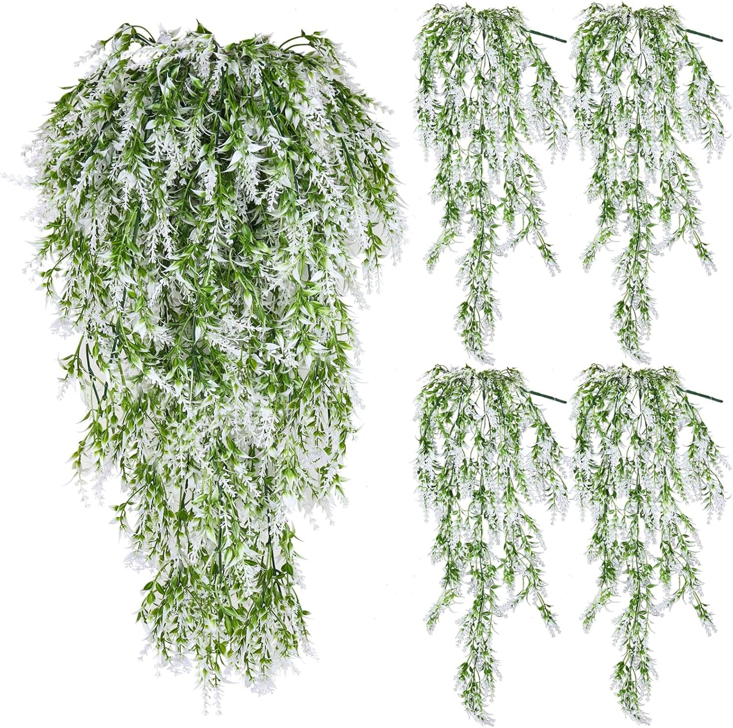 SJL 4pcs Artificial Hanging Lavender Plants Hanging Flowers Fake Ivy Long Plant Plastic Long Stem Faux Hanging Plants Indoor Greenery Look Real Decor for Garden Porch Farmhouse (White)