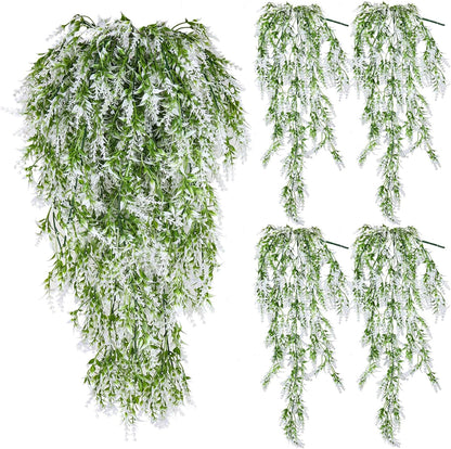 SJL 4pcs Artificial Hanging Lavender Plants Hanging Flowers Fake Ivy Long Plant Plastic Long Stem Faux Hanging Plants Indoor Greenery Look Real Decor for Garden Porch Farmhouse (White)