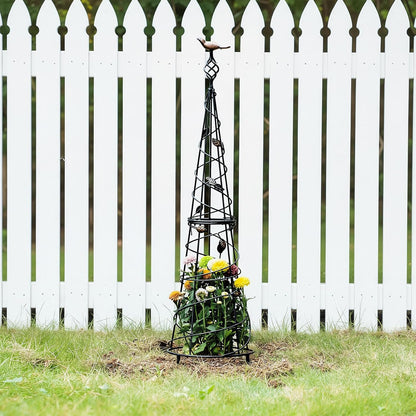 Garden Obelisk 40.5 Inch Metal Trellis for Climbing Plants - Sturdy Support for Rose Bushes & Tall Vines, Featuring Decorative Bird and Leaf Elements, Perfect for Garden Decor