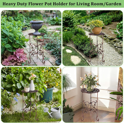 OwnMy Cast Iron Tall Plant Stand Heavy Duty Vintage Wrought Iron Flower Pot Holder, Decorative 1-Tier Potted Plant Holder Rack, Indoor Outdoor Large Metal Plant Stand for Patio Garden, Red Bronze