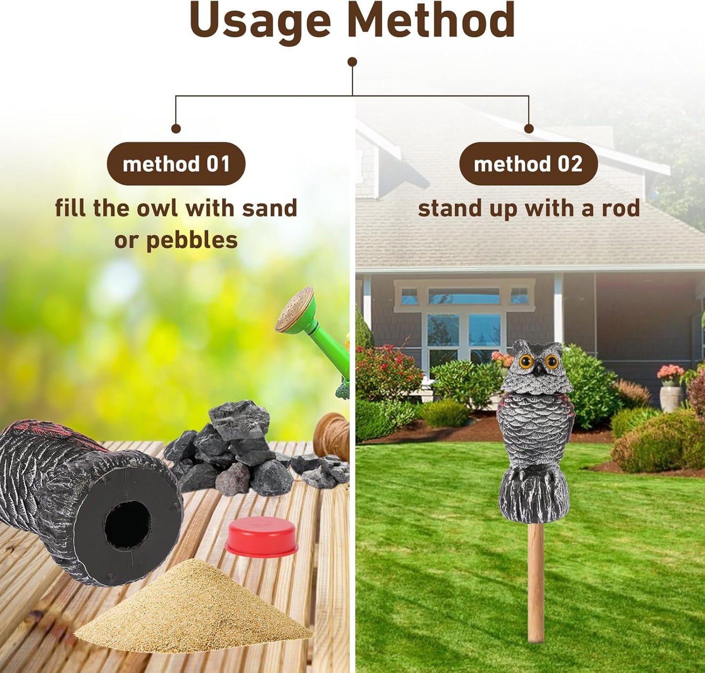 Owl Decoys to Scare Birds Away, 2 Pack BobbleHead Fake Owls Plastic Scarecrow Bird Deterrent, Nature Enemy Scarecrow Plastic Owl Statues, Garden Decor Statues for outside, Patio, Lawn, Yard Decoration