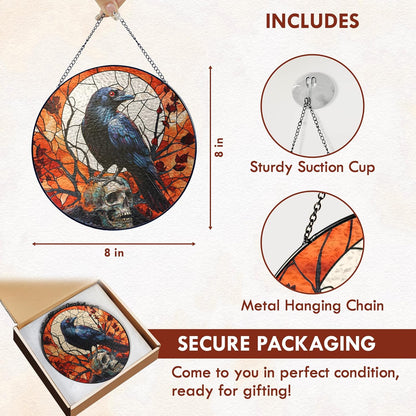 FLAGWIX Halloween Decorations Indoor - Stained Glass Window Hanging 8 in - Gothic Raven Skull Sun Catcher, Crow Halloween Decor, Black Crows Sun Catchers Indoor Window, Fall Decorations for Home