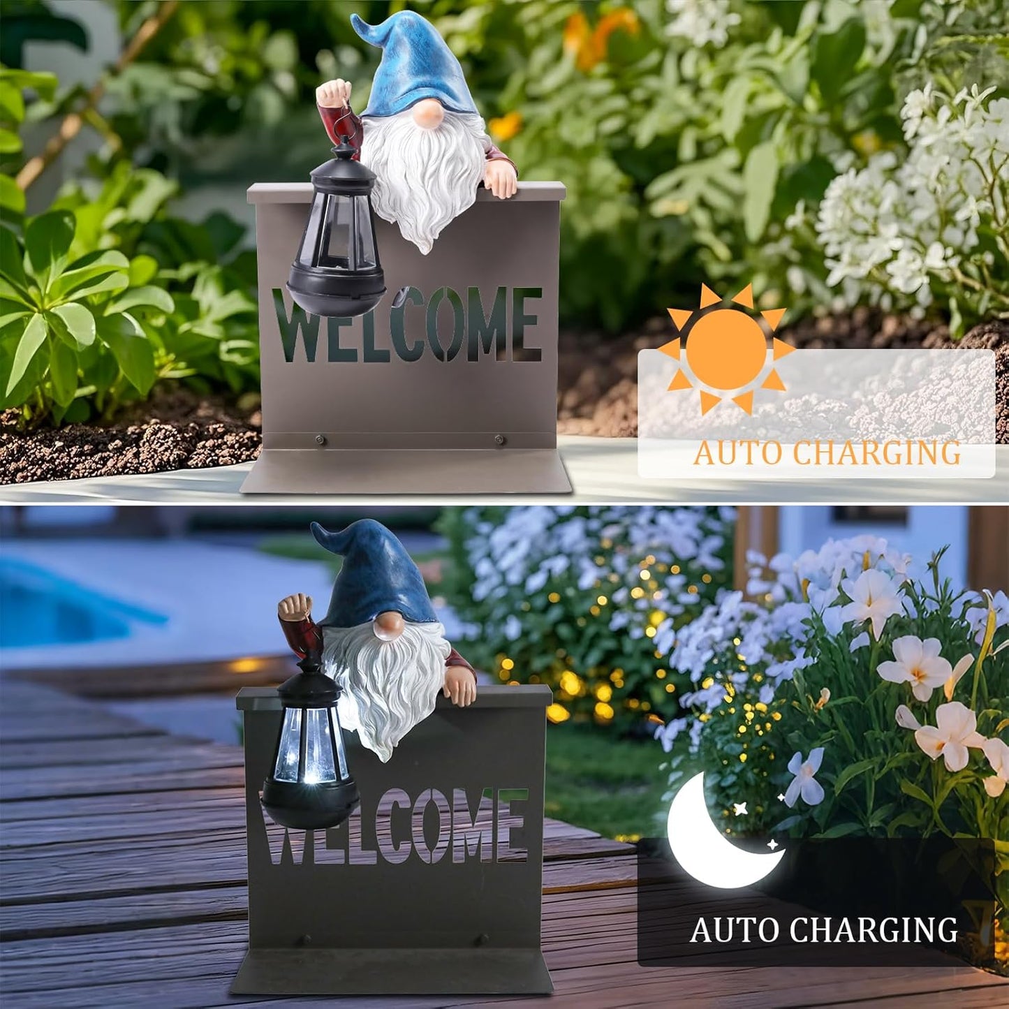 Garden Gnome Statues Outdoor Decor, Solar Gnome Sculpture Holding Lanterns Garden Gnomes Outdoor Decorations with Welcome Fence Base for Patio, Lawn, Yard Ornaments, Housewarming Gifts