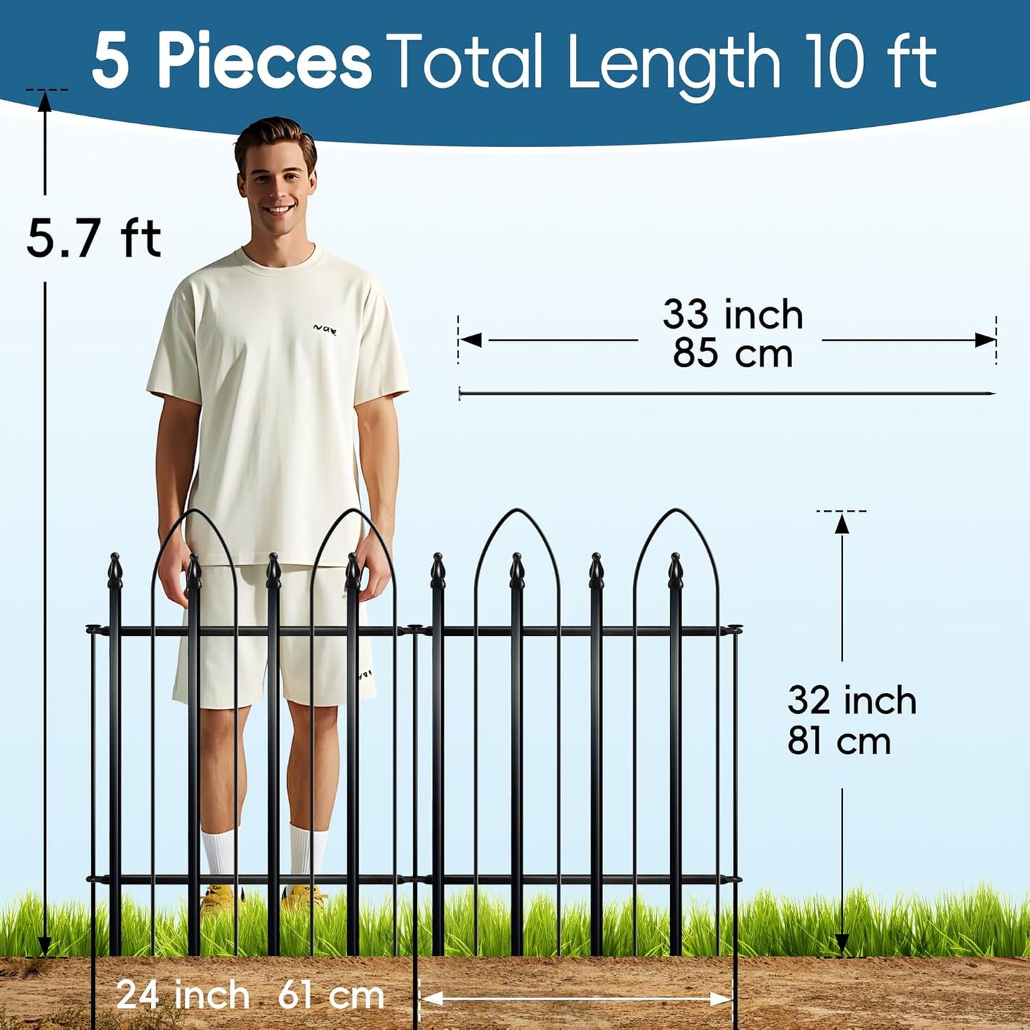 Garden Fence 32 inch H x 24 inch W, 5 Panels (4 Panels+1 Gate,Total 10 feet) Metal Decorative Border Folding Fence, Landscape Fencing for Dog Flower Bed, Yard, Animal Barrier