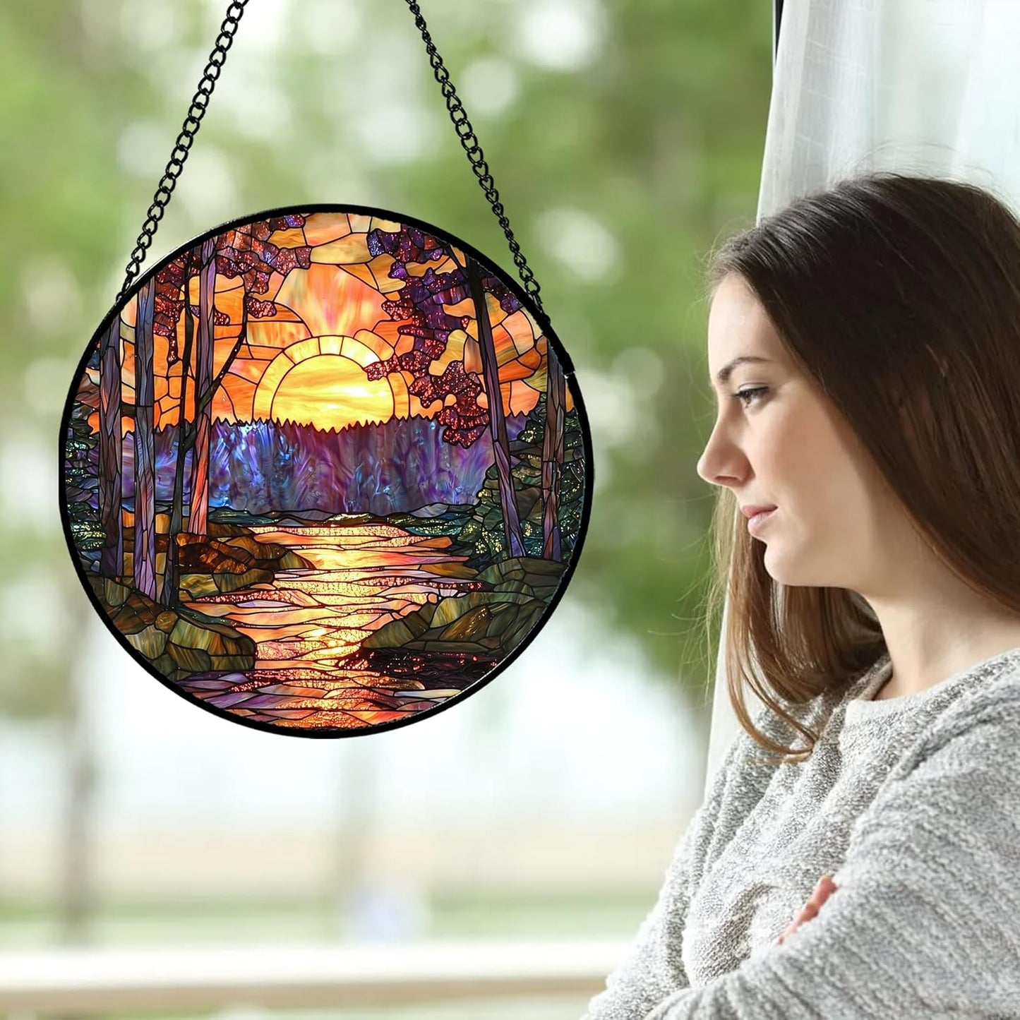Stained Glass Window Hanging, Orange Landscape Green Purple Lake Forest Suncatcher for Doors Window Home Sun Catchers Decor Mother's Day Birthday Gifts for Women Men Mom 15 in