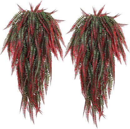 RECUTMS 4Pcs Artificial Boston Fern UV Resistant Fake Hanging Plants Greenery Plastic Ivy Leaves Faux Vines for Wall Garden Wedding Indoor Outdoor Decor (Red)