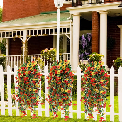 6 Pcs Artificial Fall Hanging Flowers Outdoor Silk Mum Plants Autumn Decor Faux Violet with Eucalyptus Realistic UV Resistant Trailing Vine Thanksgiving Porch Yard(Bright Color,Violet)