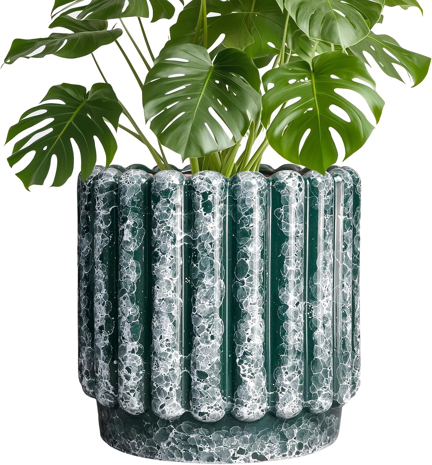 Ceramic Pots for Plants - 9.6 Inch Plant Pot Indoor with Drainage Hole, Large Ceramic Planters for Outdoor, Fluted Round Flower Planter, Home Decor Living Room, Birthday Gifts, Green