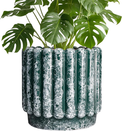 Ceramic Pots for Plants - 9.6 Inch Plant Pot Indoor with Drainage Hole, Large Ceramic Planters for Outdoor, Fluted Round Flower Planter, Home Decor Living Room, Birthday Gifts, Green