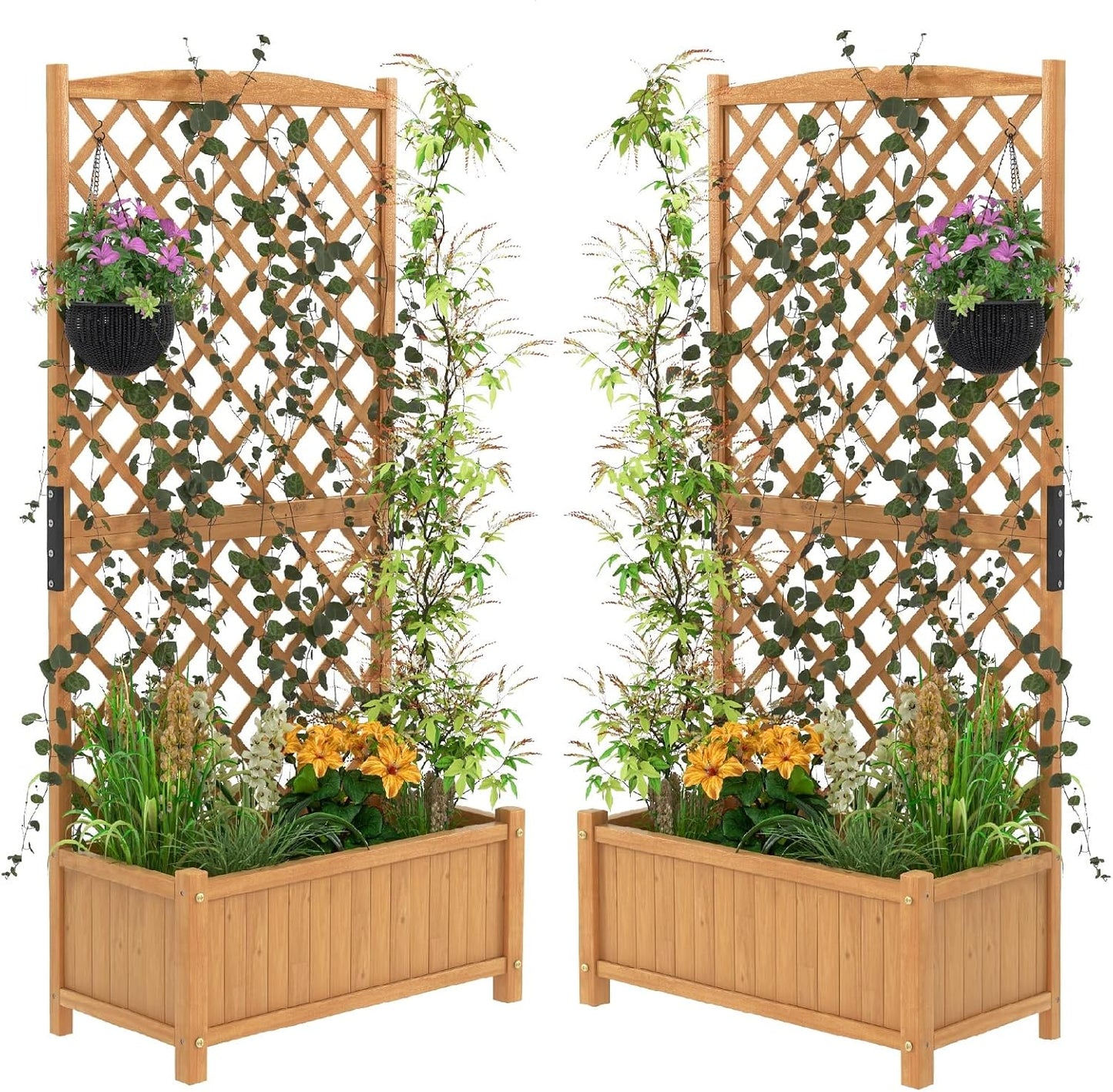 S AFSTAR Raised Garden Bed Outdoor Set of 2, 35.5x17.5x71-inch Planter Box with Trellis & Removable Bottom Base, Trellis Planter for Hanging Baskets, Idea for Patio Balcony Yard Against Wall