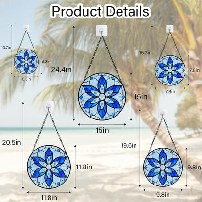 Stained Glass Window Hanging, Blue Tiffany Style Flowers Sun Catcher for Window Door Home Decor Suncatcher Christmas Mother's Day Birthday Gifts for Women Men Mom and Nana 15 in