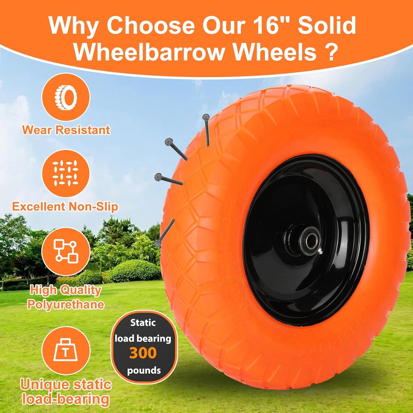 Upgraded 16" Flat Free Wheelbarrow Wheels and Tires, 4.80/4.00-8 Solid Tires with 5/8"&3/4" Bearings, Universal Fit for Wheelbarrows/Garden Trailer