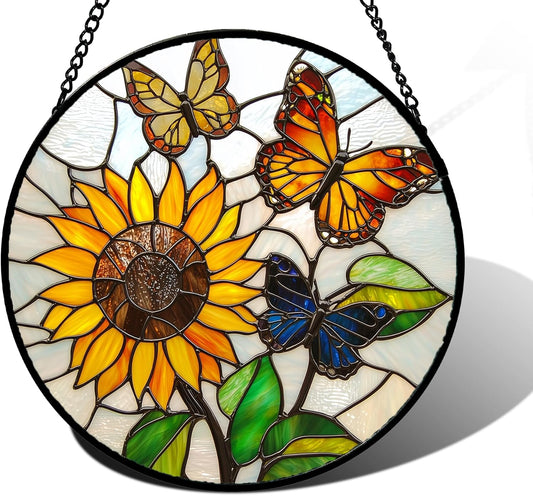 Stained Glass Window Hanging, Butterfly and Sunflowers Sun Catchers Glass Panel Plant Insects