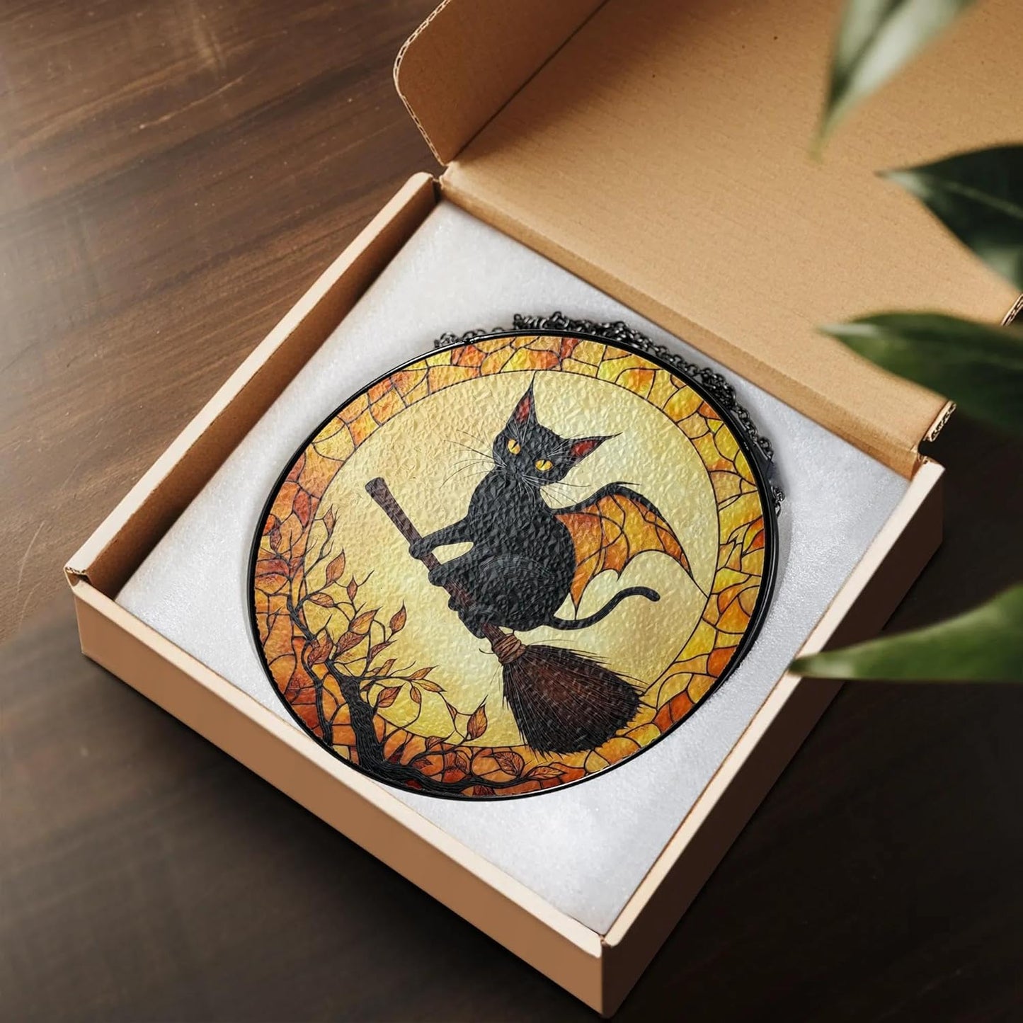 Black Cat Stained Glass Suncatcher, Halloween Cat Witch Window Hanging Decor, Pumpkin Spooky Suncatcher Decoration, Fall Season Home Outdoor Garden Decor Birthday Gifts for Women Witches Cats Lovers