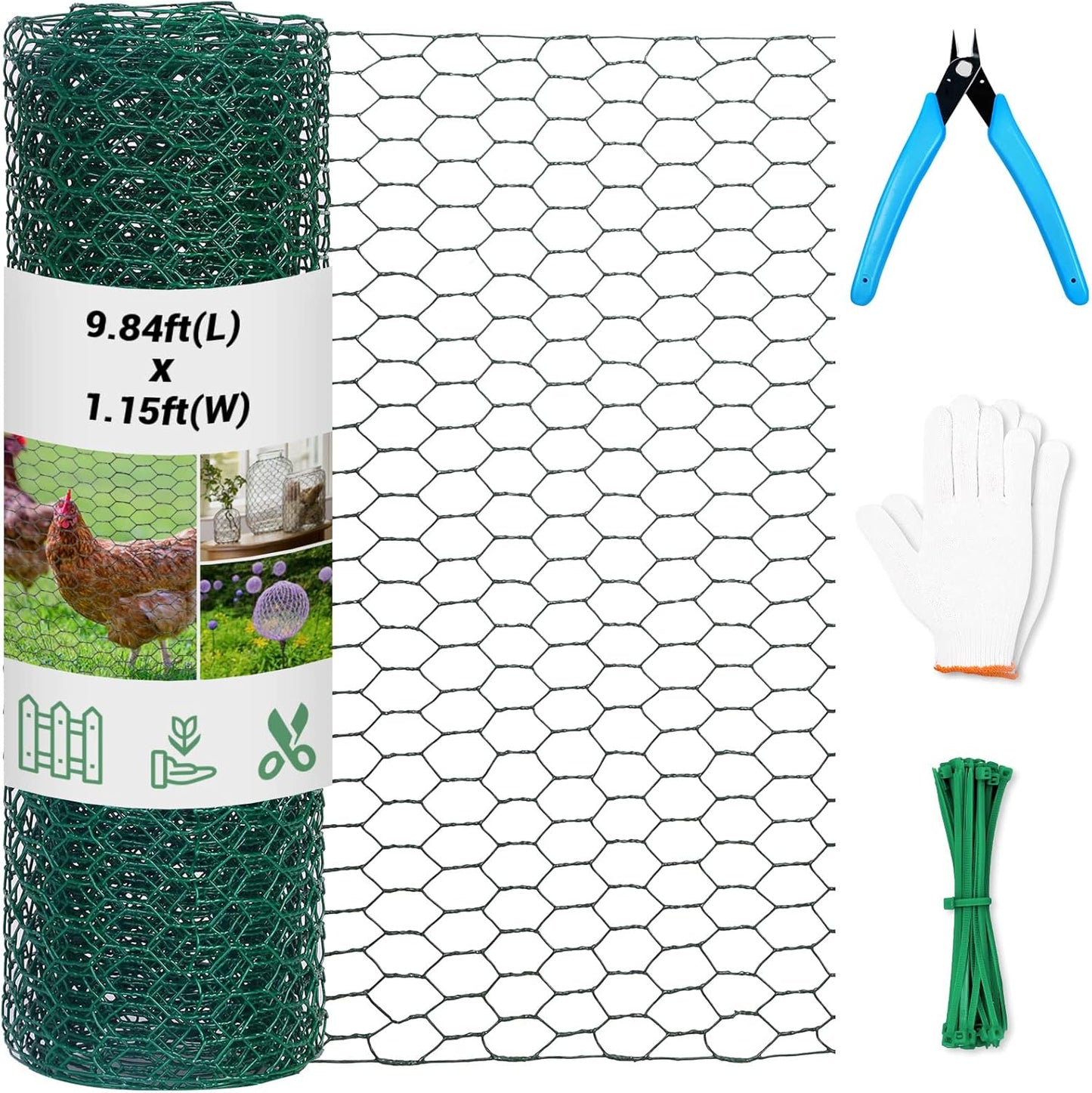 Chicken Wire Fence for Craft,13.78 x 118 Inch Lightweight Galvanized Hexagonal Chicken Wire Netting, Chicken Wire Mesh for Garden Poultry, Floral Chicken Wire Fencing with Gloves, Wire Ties and Plier