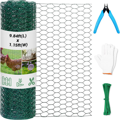 Chicken Wire Fence for Craft,13.78 x 118 Inch Lightweight Galvanized Hexagonal Chicken Wire Netting, Chicken Wire Mesh for Garden Poultry, Floral Chicken Wire Fencing with Gloves, Wire Ties and Plier