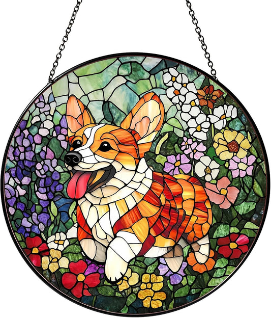 Corgi Stained Glass Window Hanging Corgi Flowers Sun Catcher Decor Dog Lover Gifts for Women