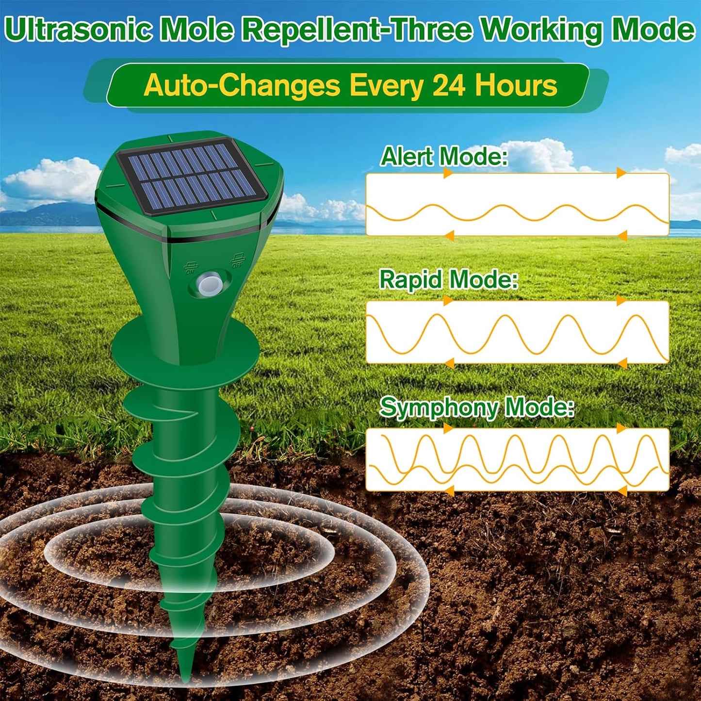 Mole Repellent Solar Powered Ultrasonic, Gopher Repellent Outdoor for Lawn Garden Yard,Waterproof Mole Killer Traps,Sonic Spikes Get Rid of All Pests Gopher Vole Groundhog Chipmunk Snake, 2 Pack-Green