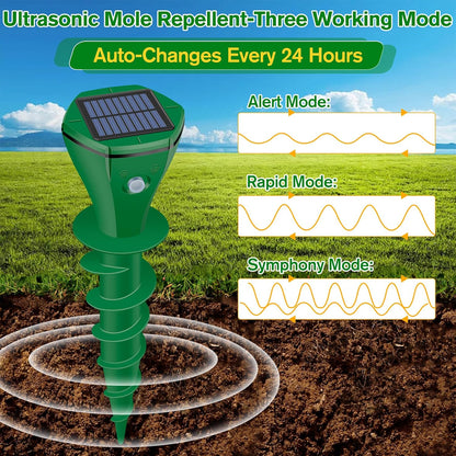 Mole Repellent Solar Powered Ultrasonic, Gopher Repellent Outdoor for Lawn Garden Yard,Waterproof Mole Killer Traps,Sonic Spikes Get Rid of All Pests Gopher Vole Groundhog Chipmunk Snake, 2 Pack-Green