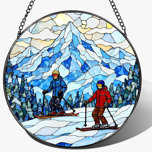8'' Snowy Mountain Skiers Sun Catcher Ornament, Stained Glass Window Hanging, Sun Catchers for
