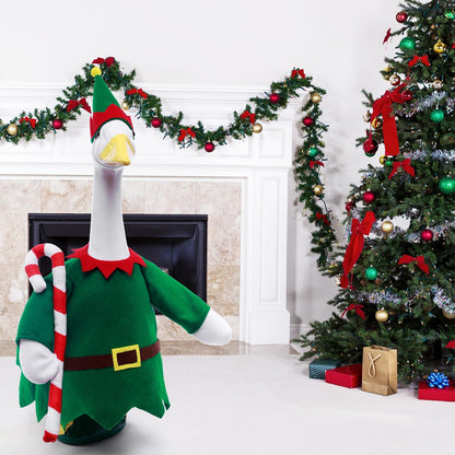 Christmas Toy Soldier Style Porch Goose Outfits,2 Pcs/Set Goose Clothes with Pointed Hat and Candy Cane Fits 23" Lawn Goose Statue,Green Christmas Outdoor Goose Costume,Yard Patio Garden Xmas Decor