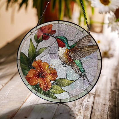 6" Green Hummingbird Stained Glass Suncatchers Art Glass Bird and Flowers for Sun Catcher Indoor Window Gift for Pet Animal Nature Floral Lovers Women Mom Friend Painted Panel Décor BIRD-01B-SG6
