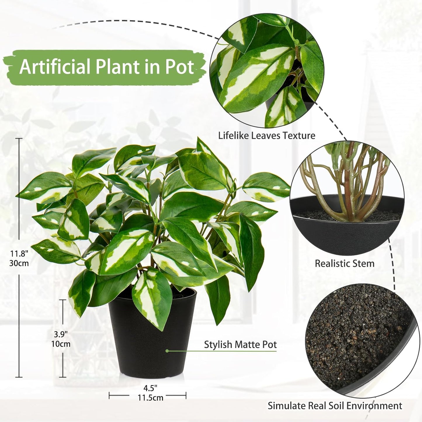 Artificial Plants Indoor Small Fake Plants in Pots Faux Pothos N‘ Joy Potted Plant Fake Indoor Plants with Black Pots for Bathroom Living Room Office Desk Shelves