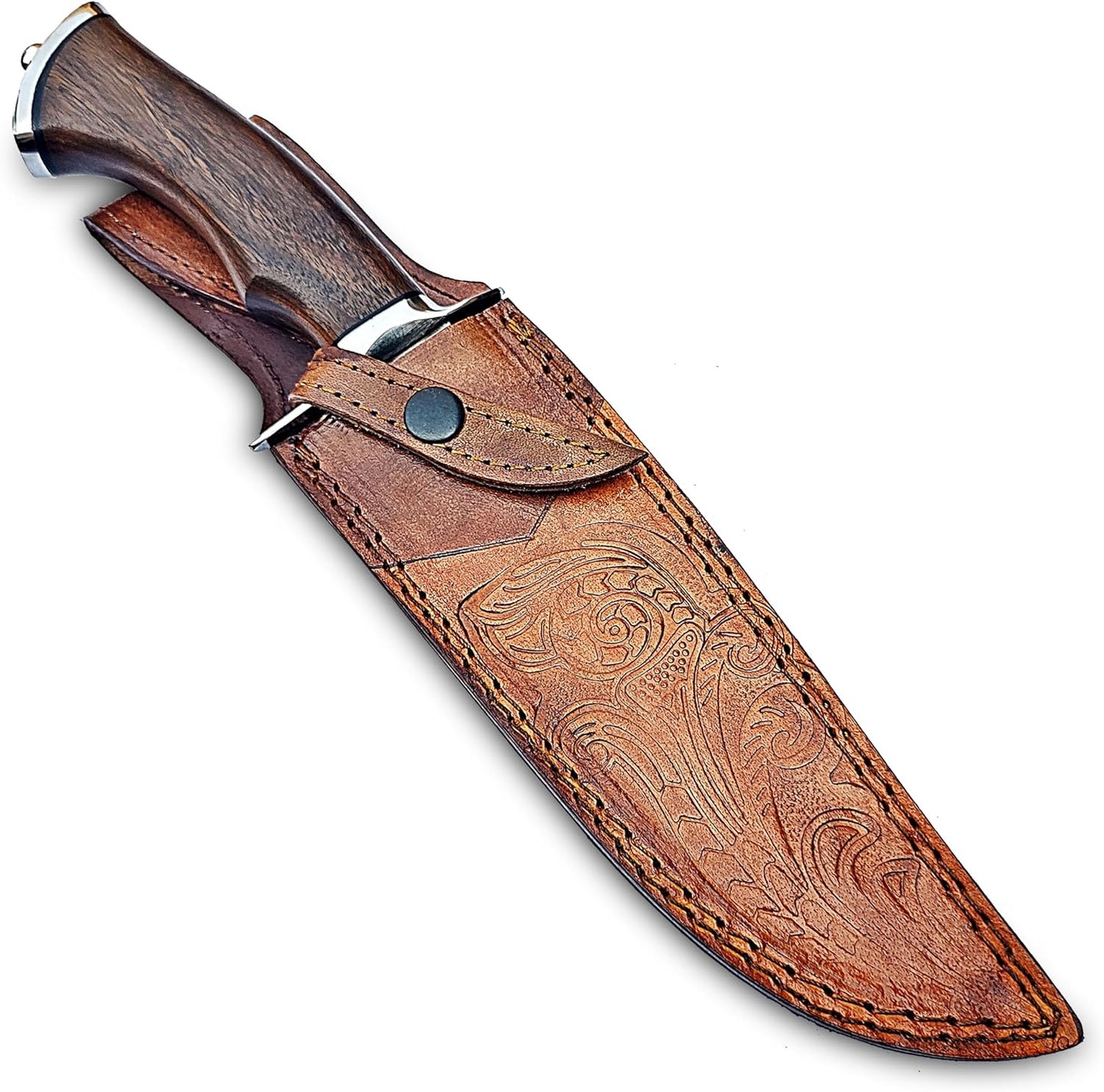 Handmade Damascus Bowie Knife 14″ Hunting Knife With Sheath - Fixed Blade Bushcraft Knife With Wood Handle - Ideal For Chopping, Camping Outdoor Use