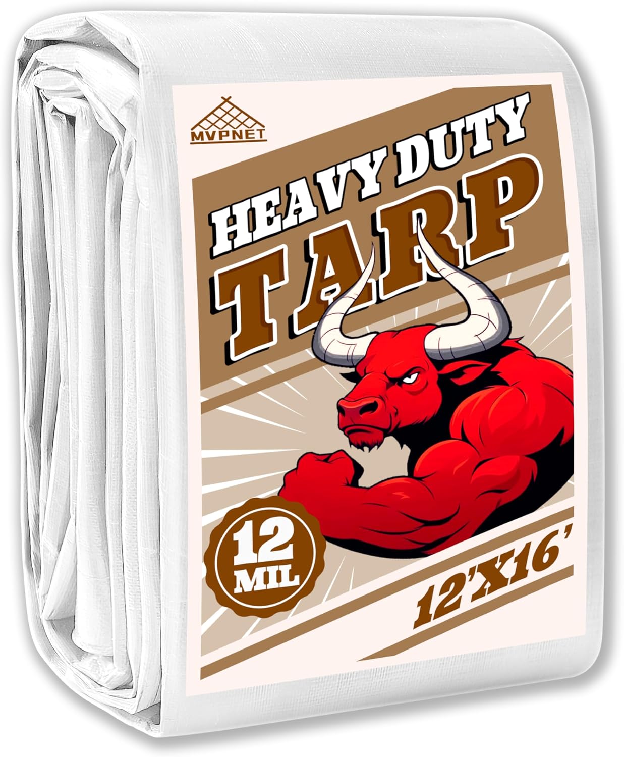 Tarp 12x16 ft Heavy Duty 12mil 100% Waterproof High Durability Multipurpose,Uv Resistant,White Tarp Suitable for Swimming Pools, Boats, Camping, Courtyards, Etc -by MVPNET