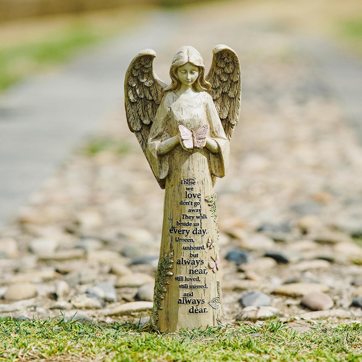 Topadorn Angel Statue Decoration for Garden & Patio, Standing Angel with Butterfly Memorial Resin Figurine Sculpture Ornament, Waterproof Antique Stone, 10''H