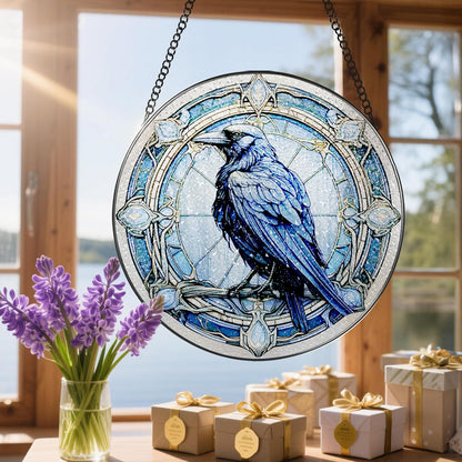 8 Inch Stained Glass Suncatcher Ornament, DOUHASU Crow Sun Catchers Indoor Window, Stained Glass Window Hanging, Home Decor, Bird Lovers Gifts for Women, Men