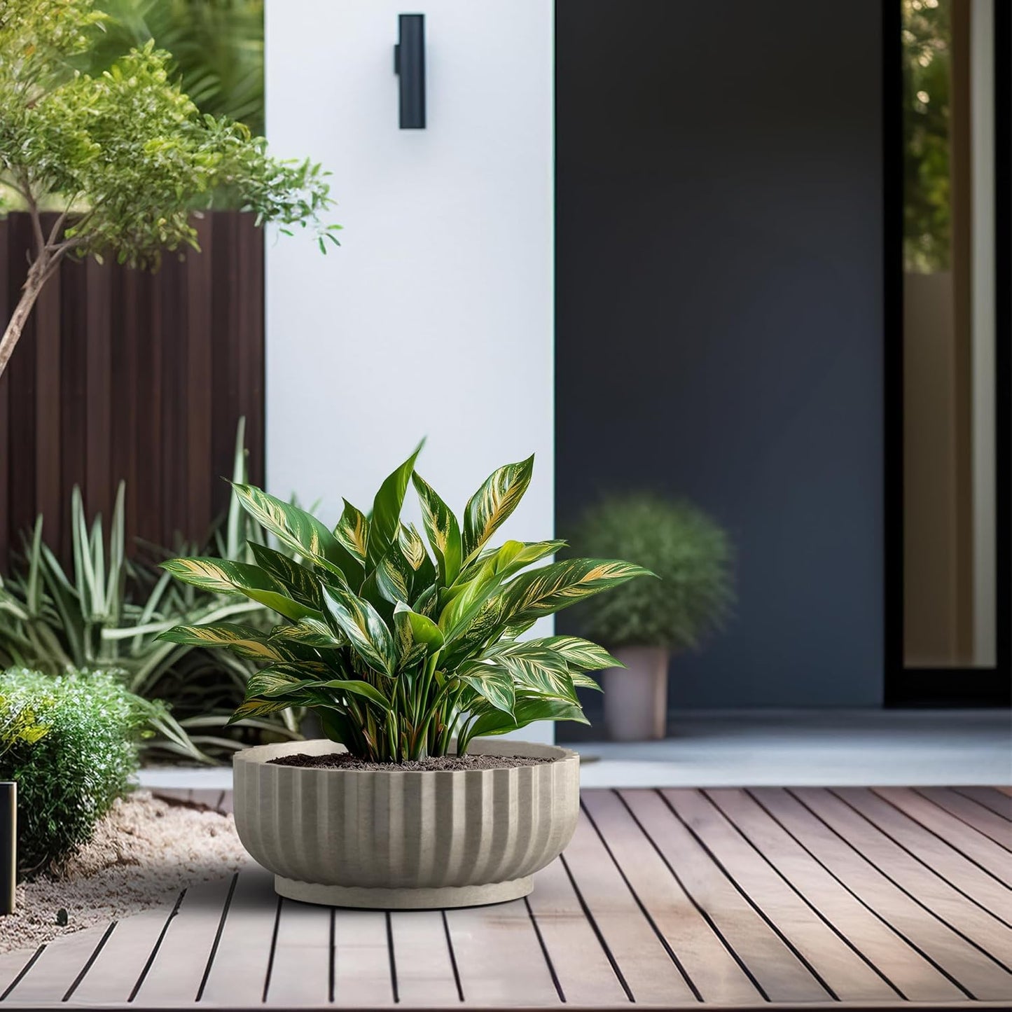 Kante Round Fulted Bowl Planter, 20.9 Inch Dia Large Concrete Flower Pots with Drainage Hole and Rubber Plug, Suitable for for Indoor Outdoor Plants, Home, Patio, Garden, Weathered Concrete